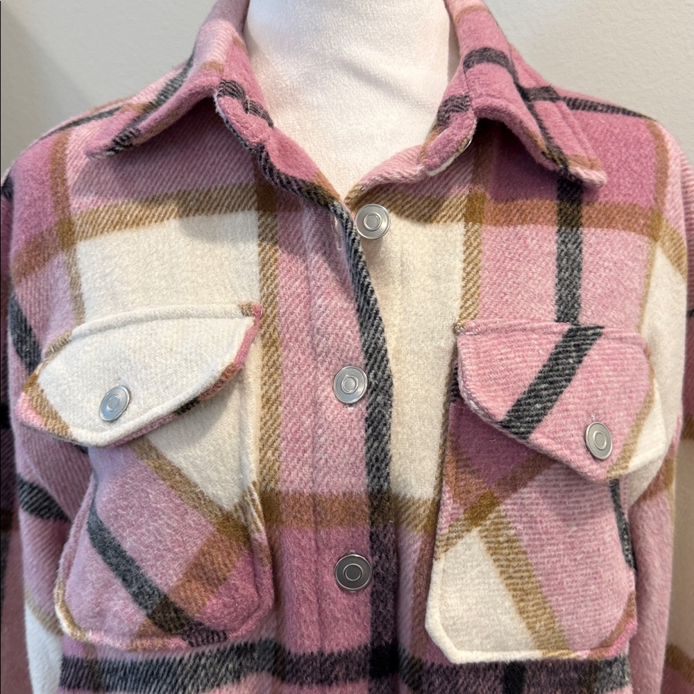Women’s Plaid Shacket Shirt Pink and Cream Soft Long Sleeve Winter Top S - Picture 5 of 16